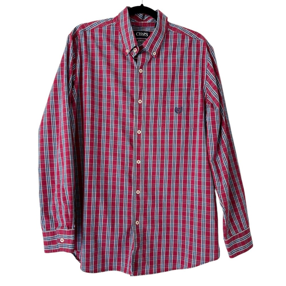 Chaps Red Blue Plaid Logo Pocket Stretch Easy Care Button Down Shirt Men’s Large